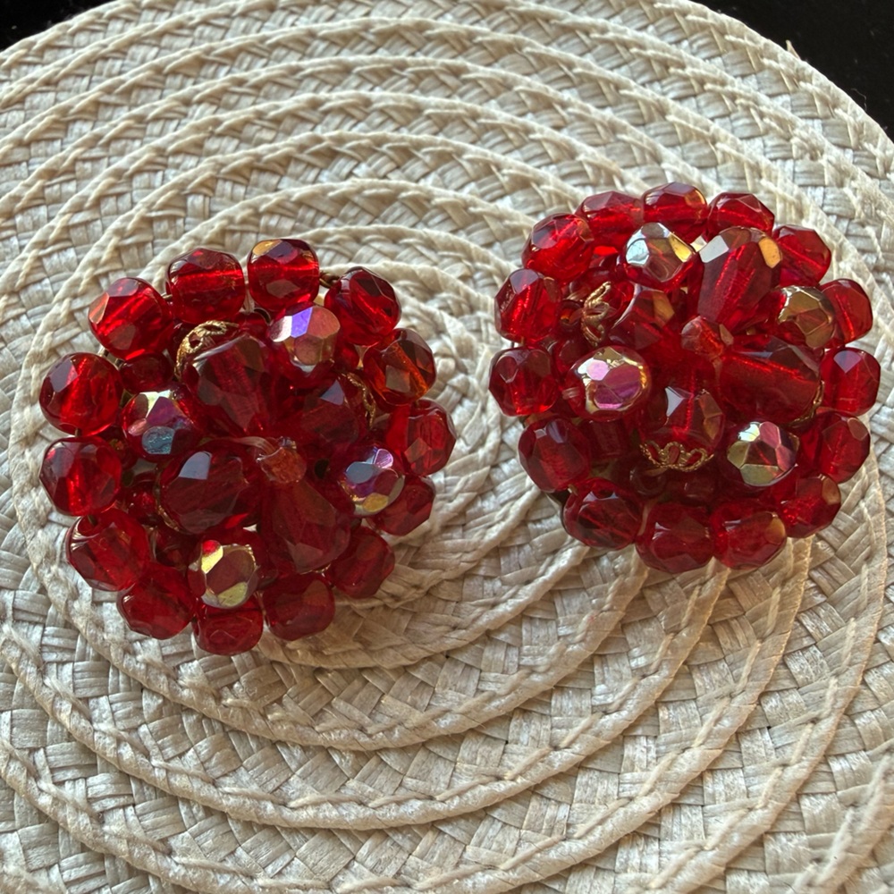 West Germany Red Beaded Clip On Earrings Vintage